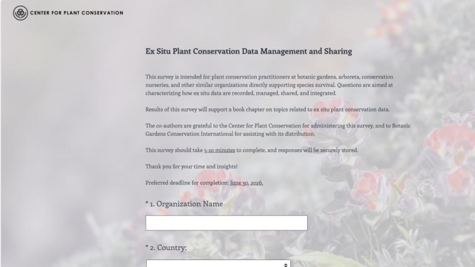 Ex situ data survey opening page 